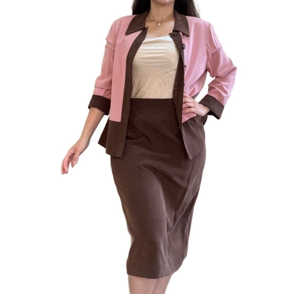 Adrianna Papell women’s coat skirt set vintage 90s 100% silk cherry chocolate 2